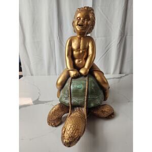 Vintage Italian Boy on Tortoise Large Chalkware Statue Sculpture Turtle 1967